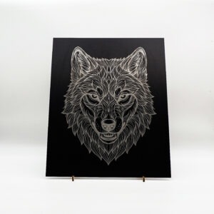 Majestic Wolf Frontal Line Art – Laser Engraved Black Anodized Aluminum Panel