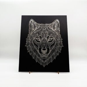 Majestic Wolf Frontal Line Art – Laser Engraved Black Anodized Aluminum Panel